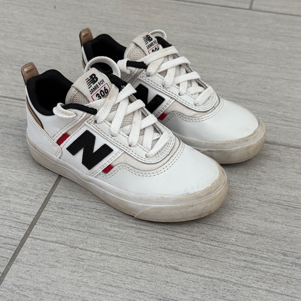 New Balance Kids White Sneakers with Black and Red Accents
